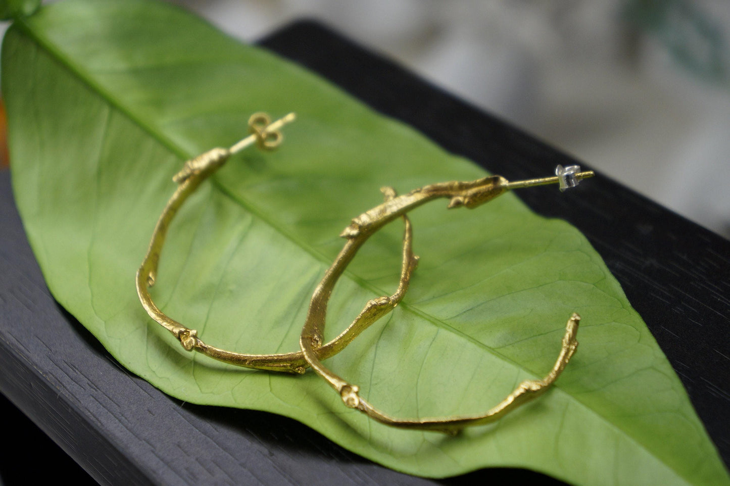 Olive Branch Earrings: Gold Botanical Hoops (Handmade, Adjustable)