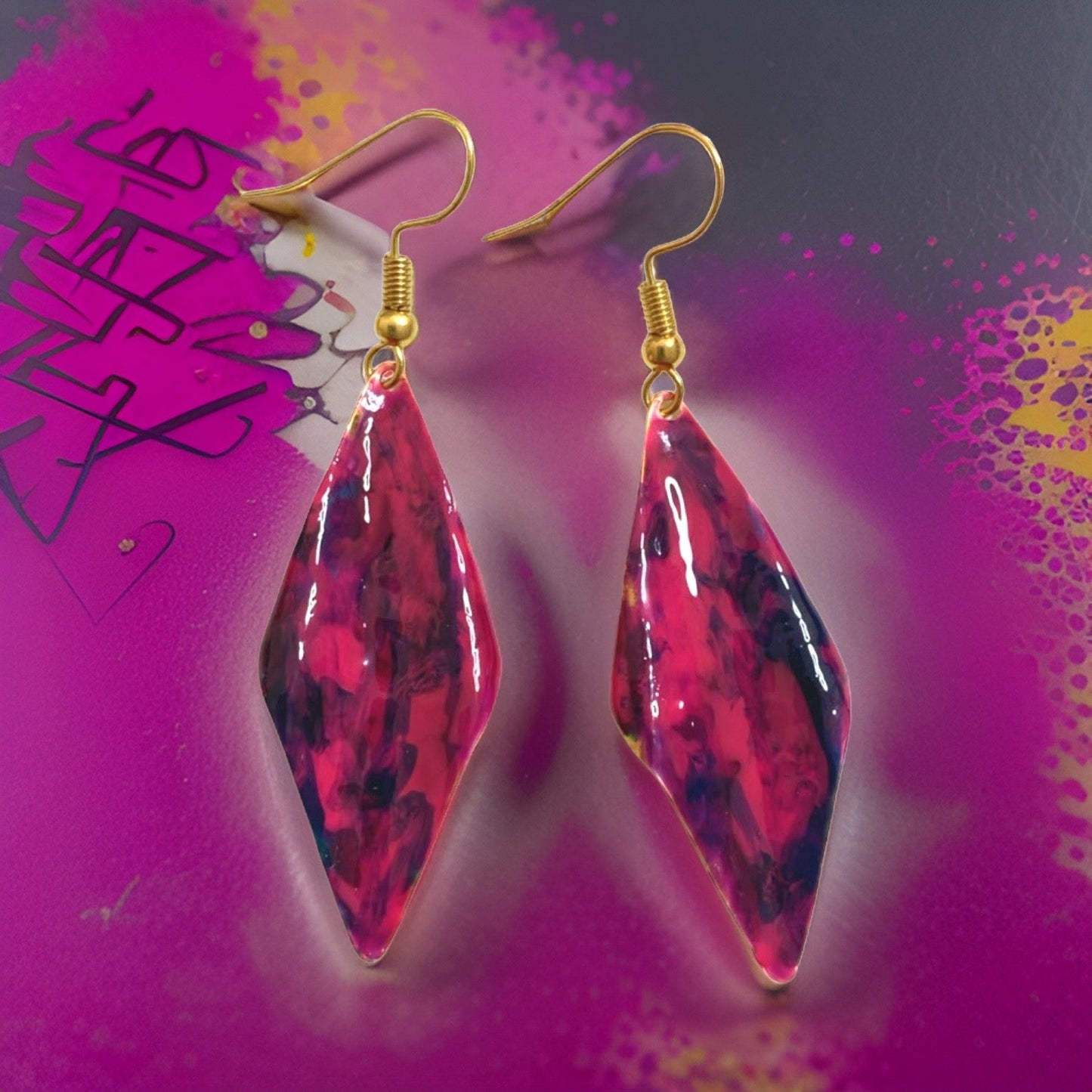 Hand Painted Purple Marbleized Hammered Wavy Dangle Earrings