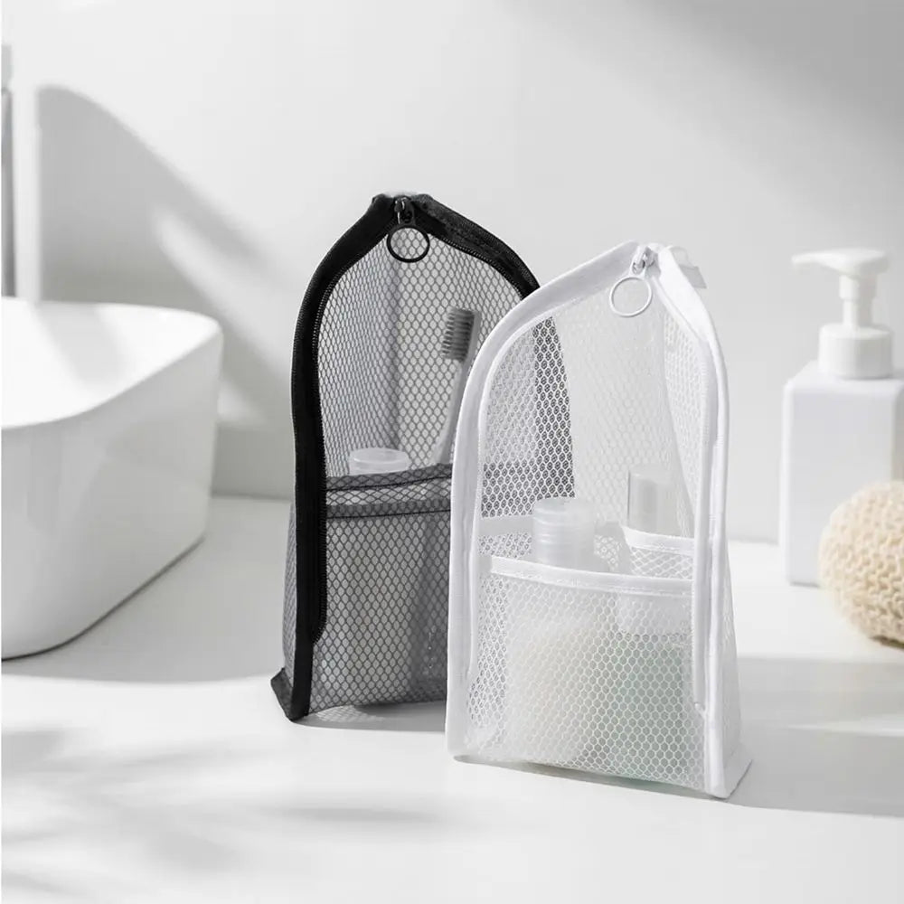 Portable Clear Hanging Toiletry Bag, Lightweight Mesh Travel Organizer with Large Capacity for Cosmetics and Accessories (White)