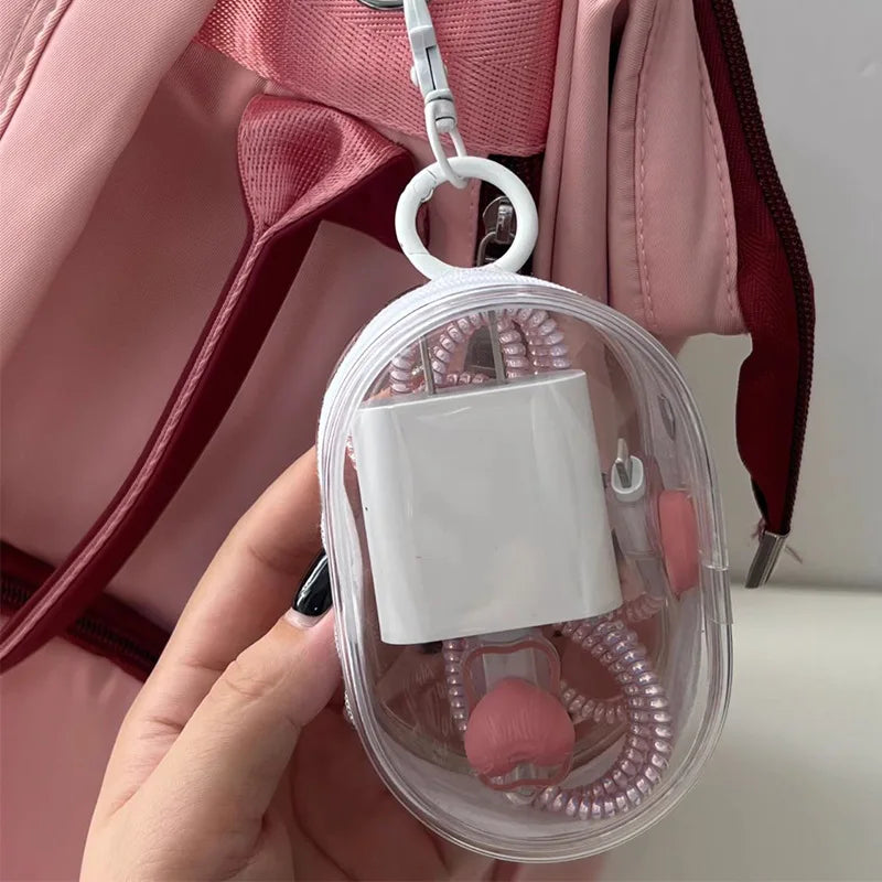 1Pcs Clear PVC Storage Bag, Mini Zipper Pouch with Keychain, Portable Case for Earphone Charger, Travel Small Daily Accessories