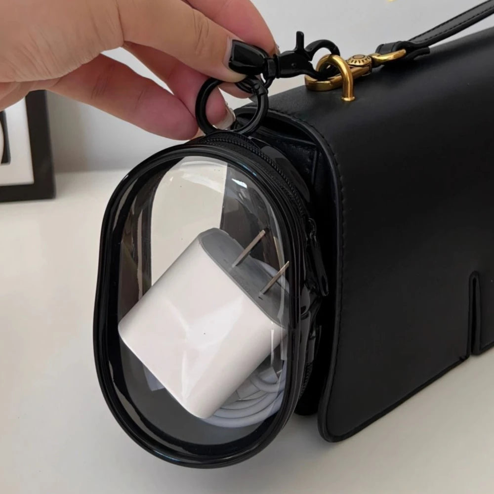 1Pcs Clear PVC Storage Bag, Mini Zipper Pouch with Keychain, Portable Case for Earphone Charger, Travel Small Daily Accessories