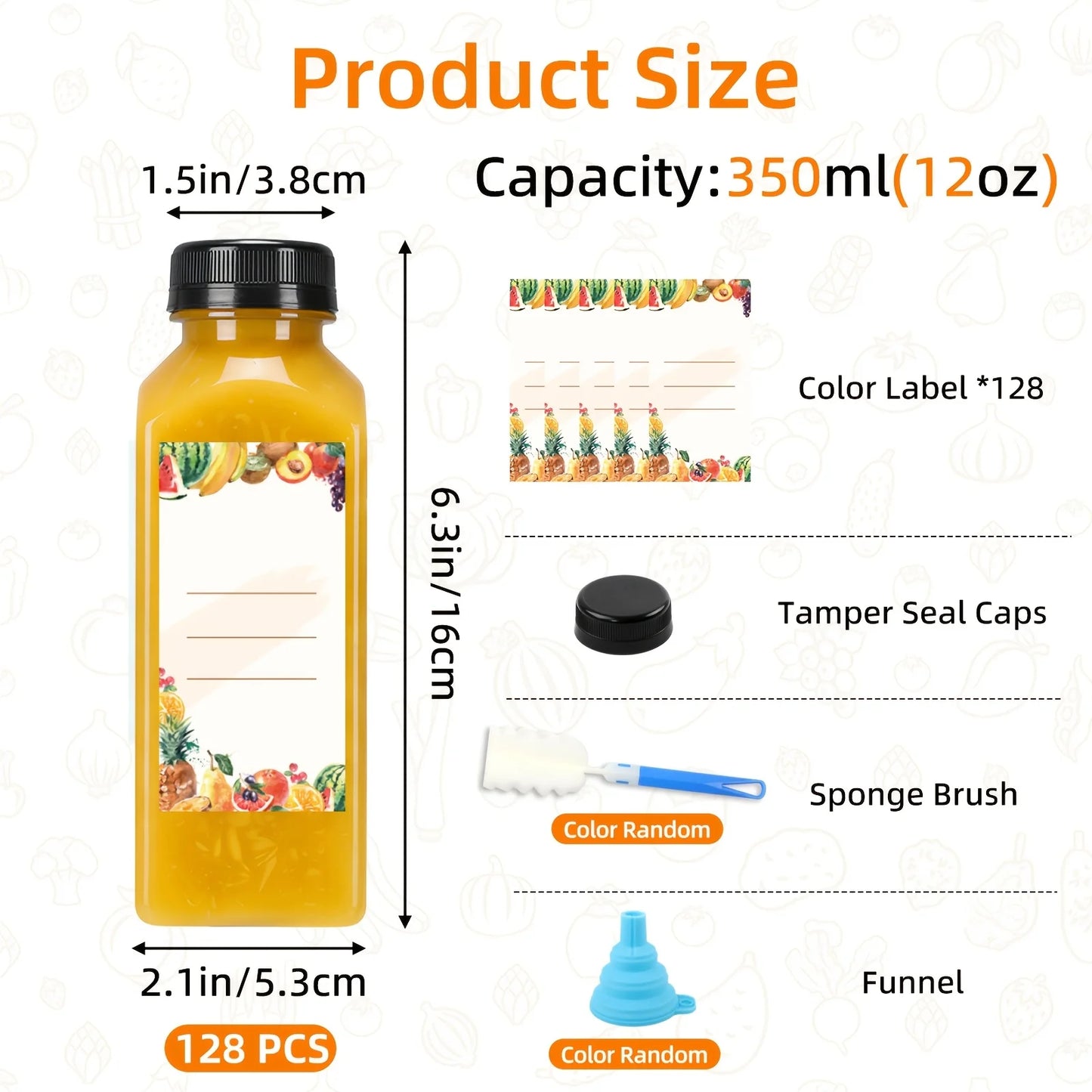 us128pcs 12Oz Empty Plastic Bottles, Bulk Reusable Bottles, Juice Containers, Clear Juicing Bottles For Juice, Smoothies, Ginger, Tea, Coffee. Funnel & Brush (Color Random).d