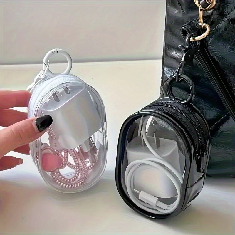 1Pcs Clear PVC Storage Bag, Mini Zipper Pouch with Keychain, Portable Case for Earphone Charger, Travel Small Daily Accessories