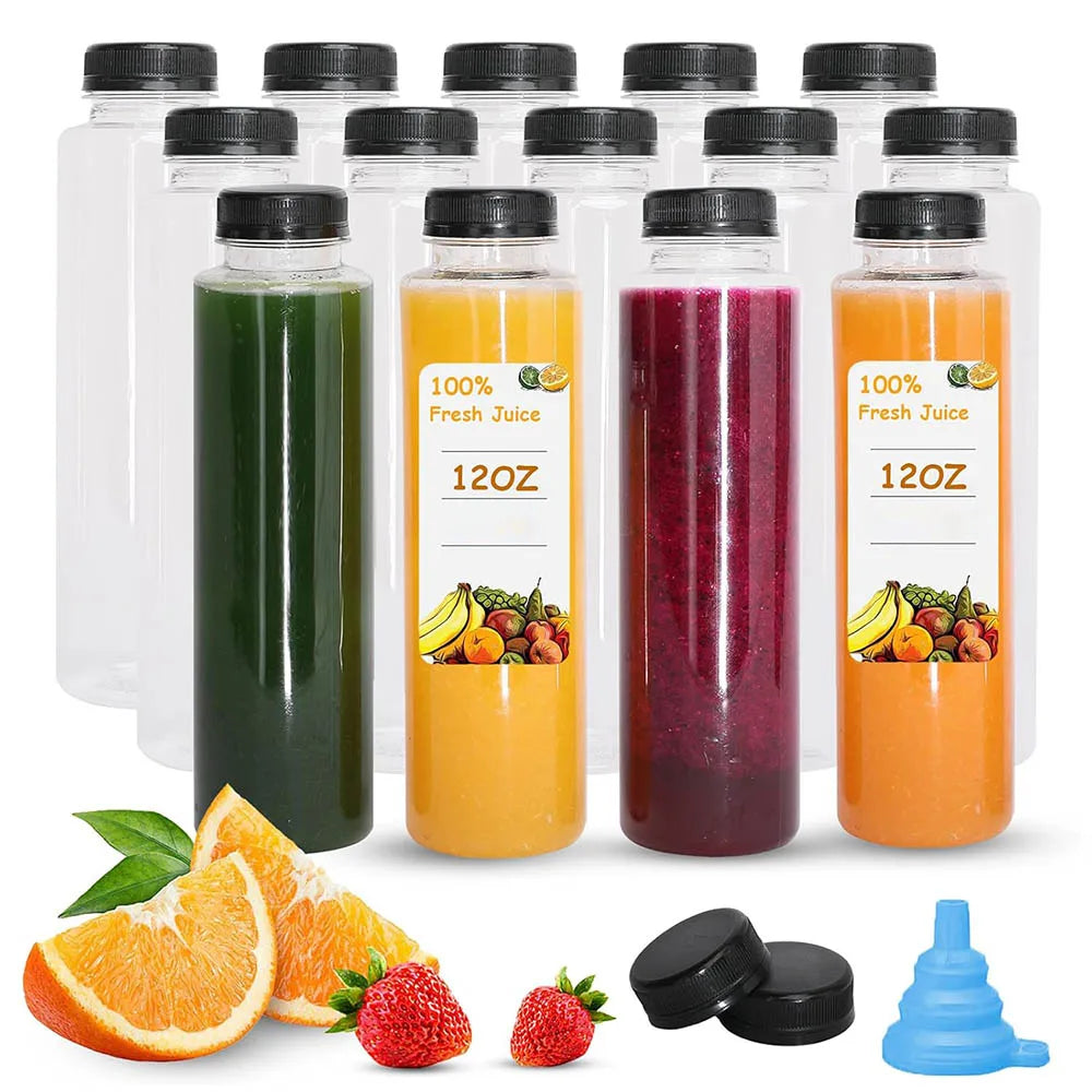 12OZ Juice Bottles with Caps Bulk, Empty Plastic Bottles with Tamper Evident Lids for Juicing,Protein Drinks and Beverage Drink