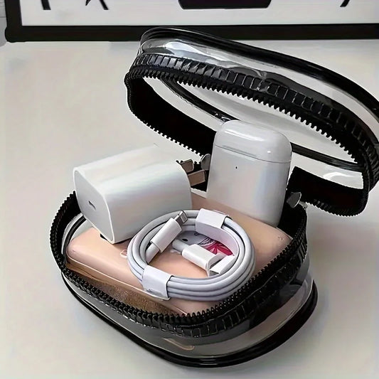 1Pcs Clear PVC Storage Bag, Mini Zipper Pouch with Keychain, Portable Case for Earphone Charger, Travel Small Daily Accessories