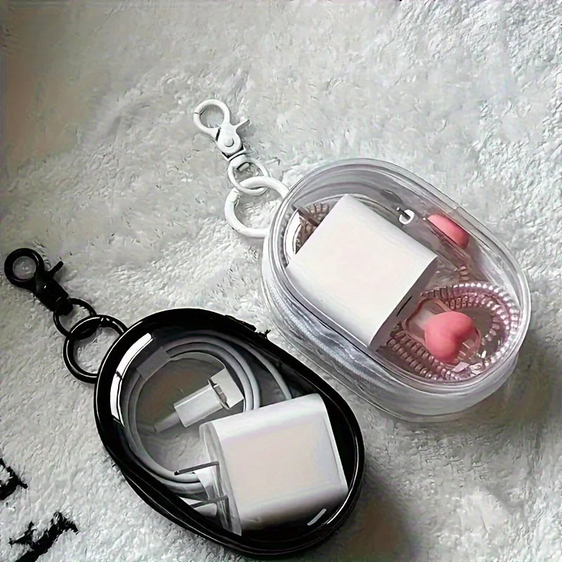 1Pcs Clear PVC Storage Bag, Mini Zipper Pouch with Keychain, Portable Case for Earphone Charger, Travel Small Daily Accessories
