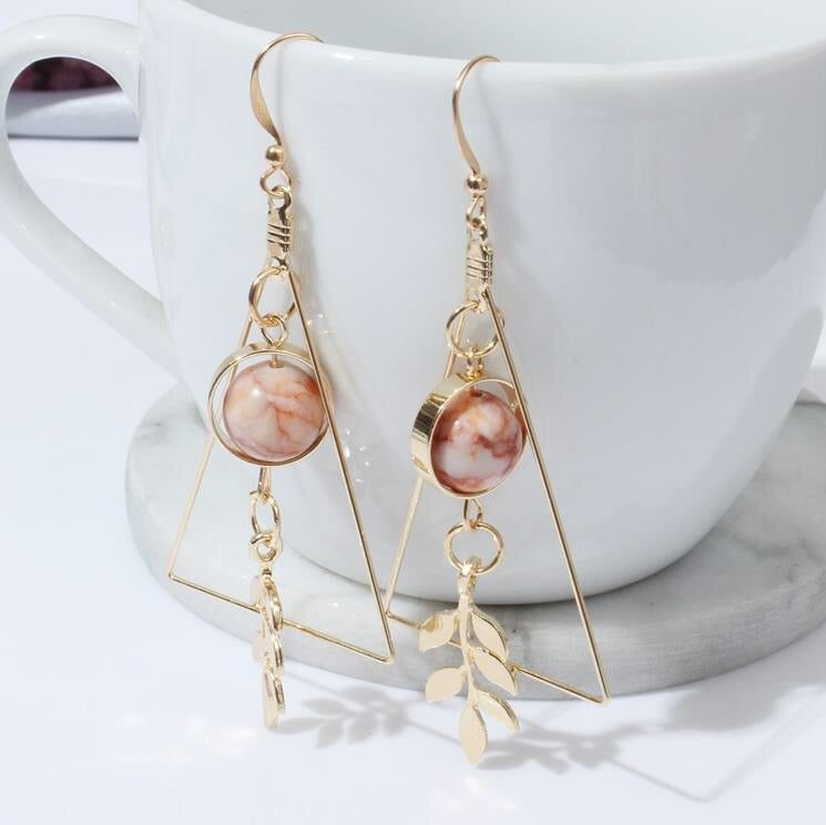 Stone Ball and Leaf in Triangle Earrings