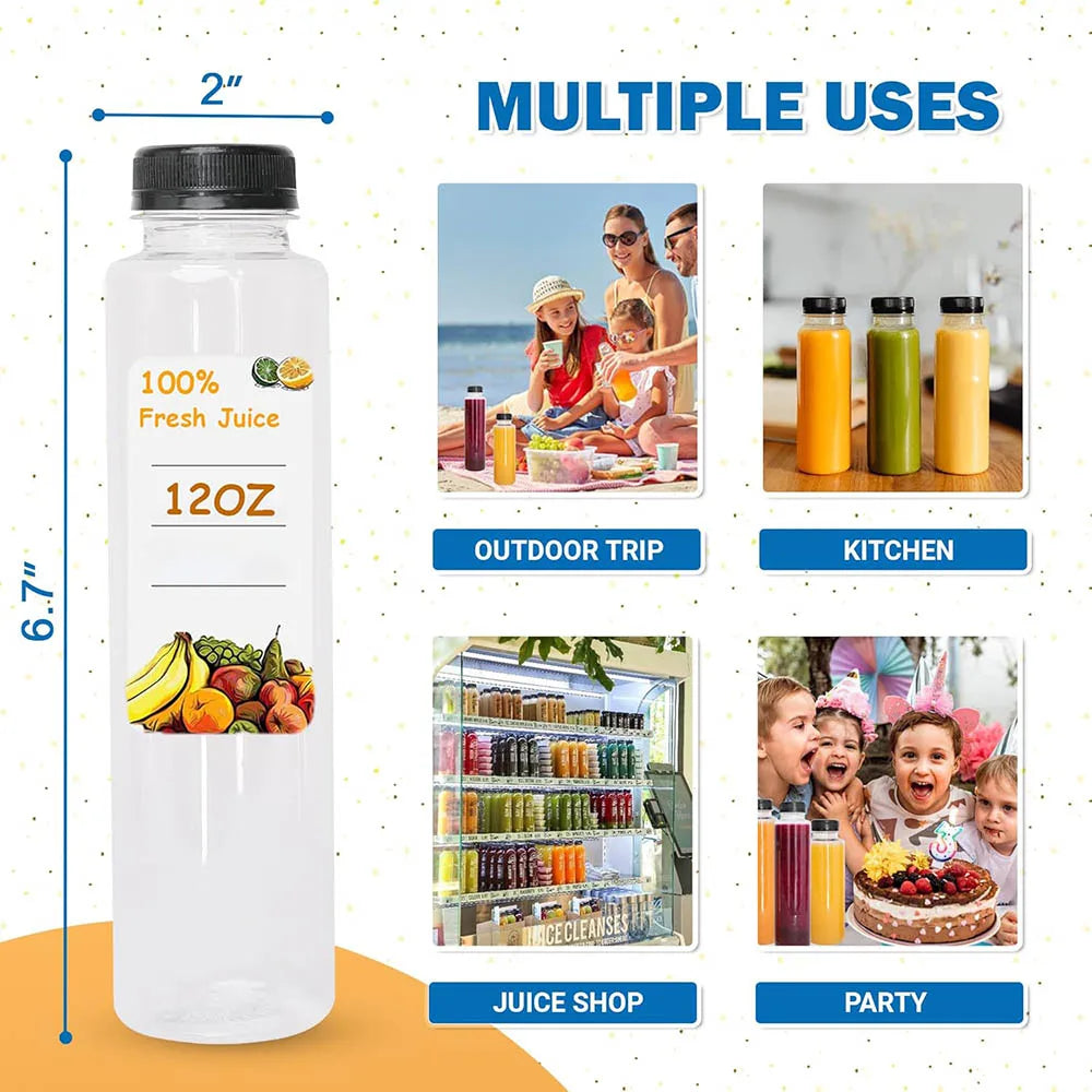 12OZ Juice Bottles with Caps Bulk, Empty Plastic Bottles with Tamper Evident Lids for Juicing,Protein Drinks and Beverage Drink