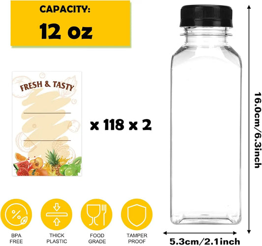 236pcs 12oz Clear Plastic Juice Bottles with Lids, Reusable Bulk Beverage Containers