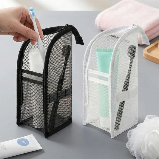 Portable Clear Hanging Toiletry Bag, Lightweight Mesh Travel Organizer with Large Capacity for Cosmetics and Accessories (White)