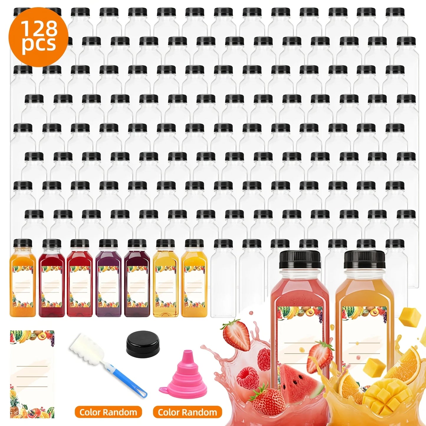 us128pcs 12Oz Empty Plastic Bottles, Bulk Reusable Bottles, Juice Containers, Clear Juicing Bottles For Juice, Smoothies, Ginger, Tea, Coffee. Funnel & Brush (Color Random).d