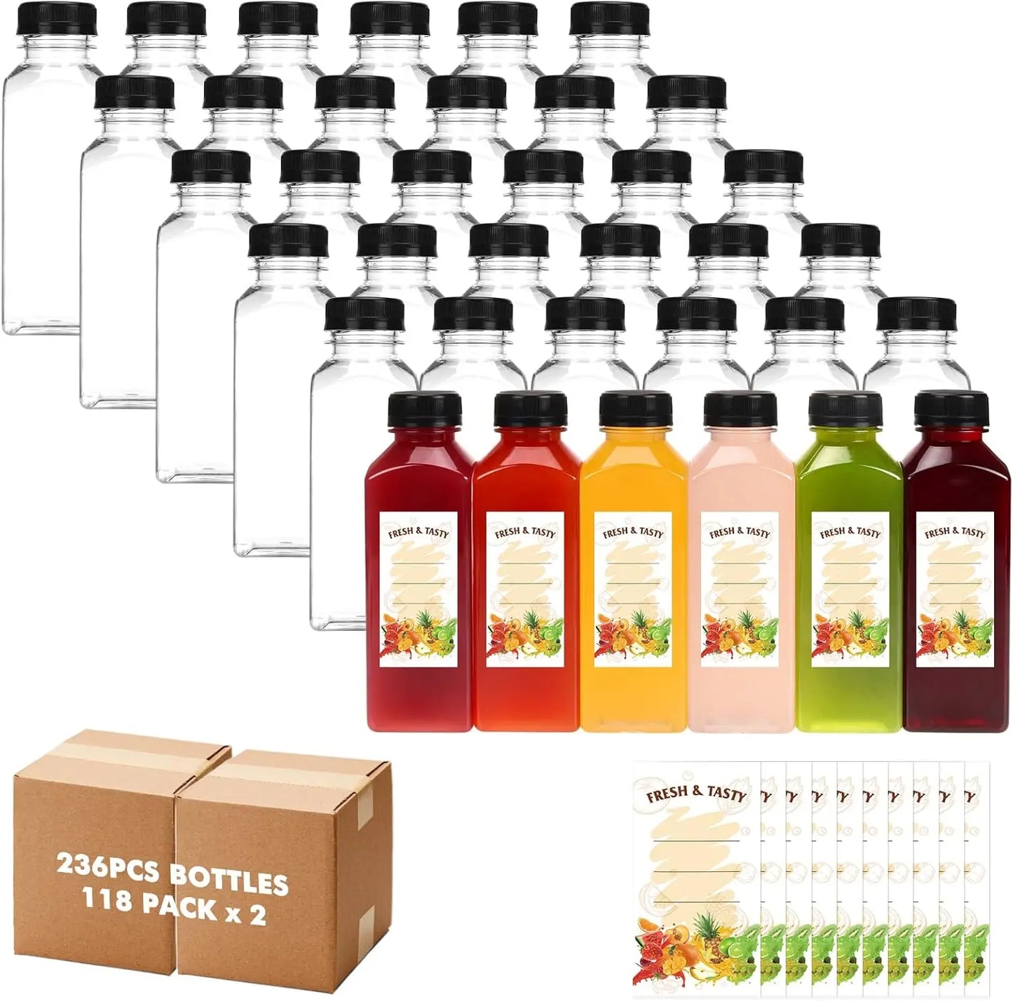 236pcs 12oz Clear Plastic Juice Bottles with Lids, Reusable Bulk Beverage Containers