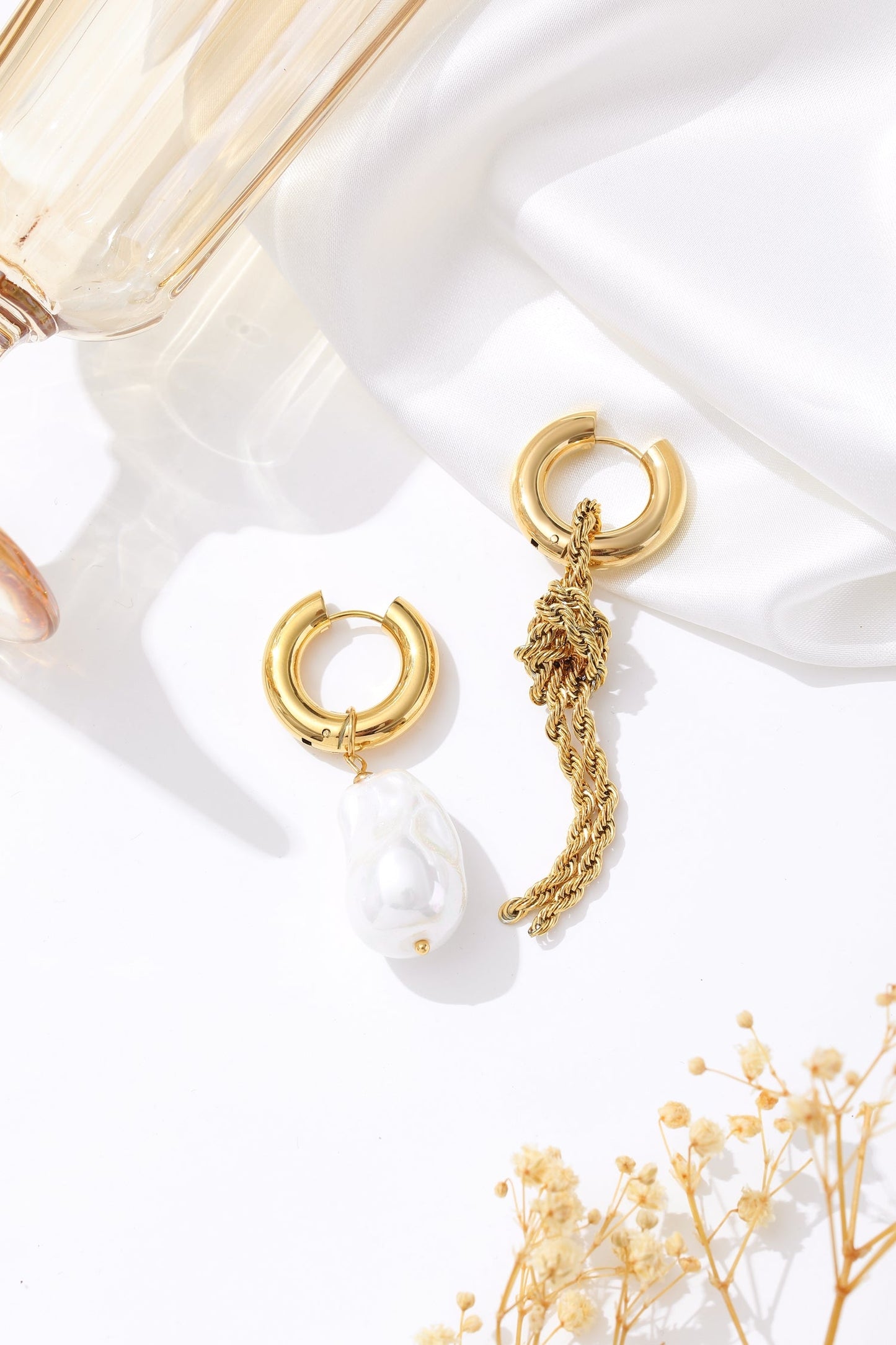 Unique Asymmetrical Gold Rope Chain  Baroque Pearl Drop Earrings