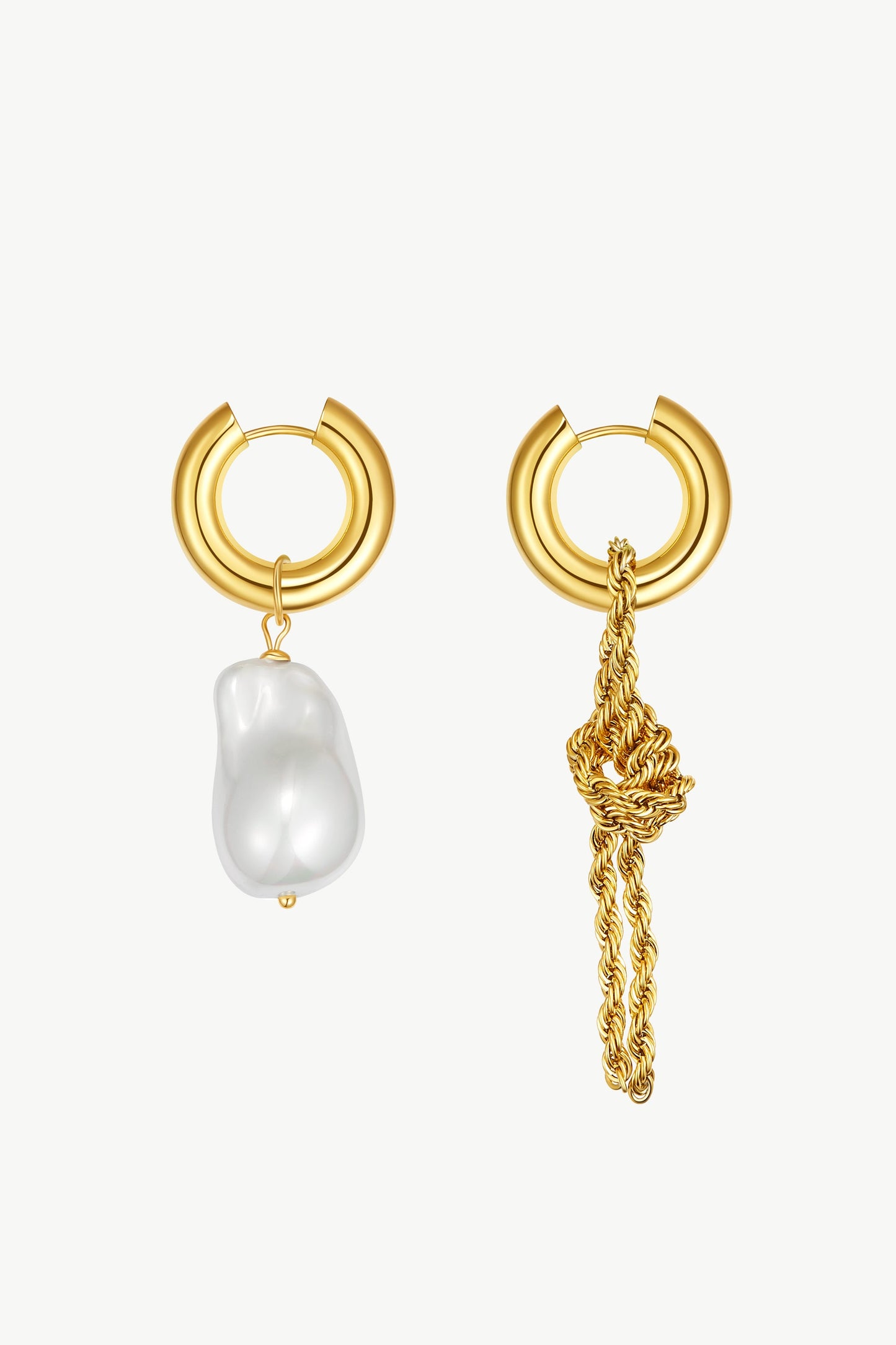 Unique Asymmetrical Gold Rope Chain  Baroque Pearl Drop Earrings