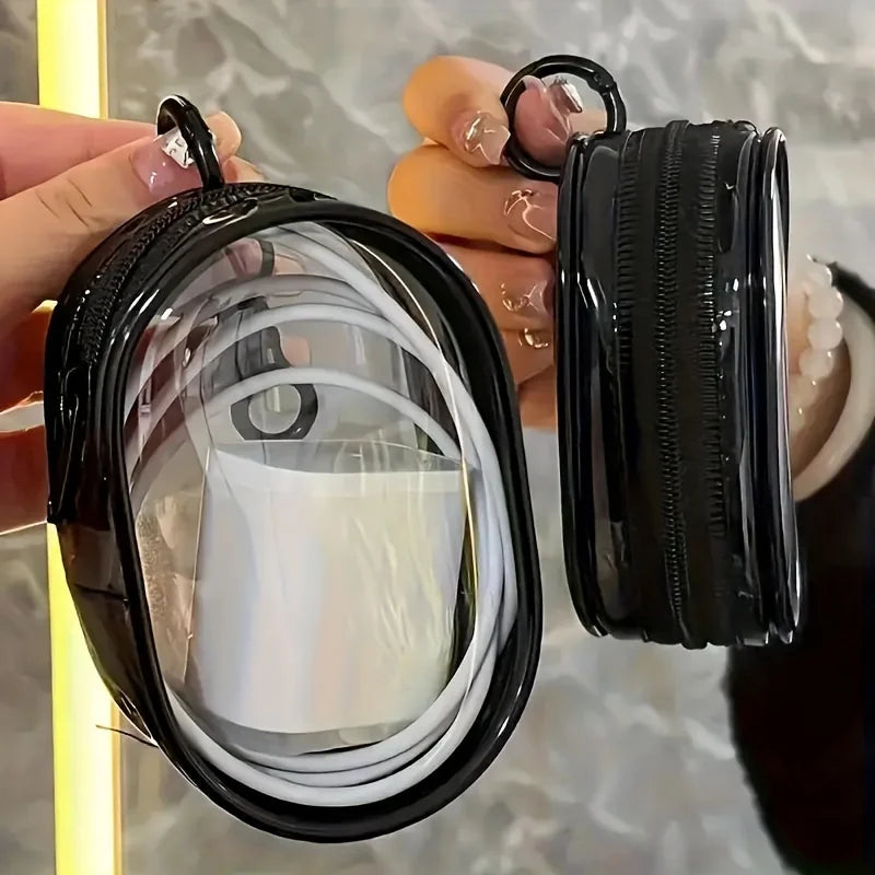 1Pcs Clear PVC Storage Bag, Mini Zipper Pouch with Keychain, Portable Case for Earphone Charger, Travel Small Daily Accessories
