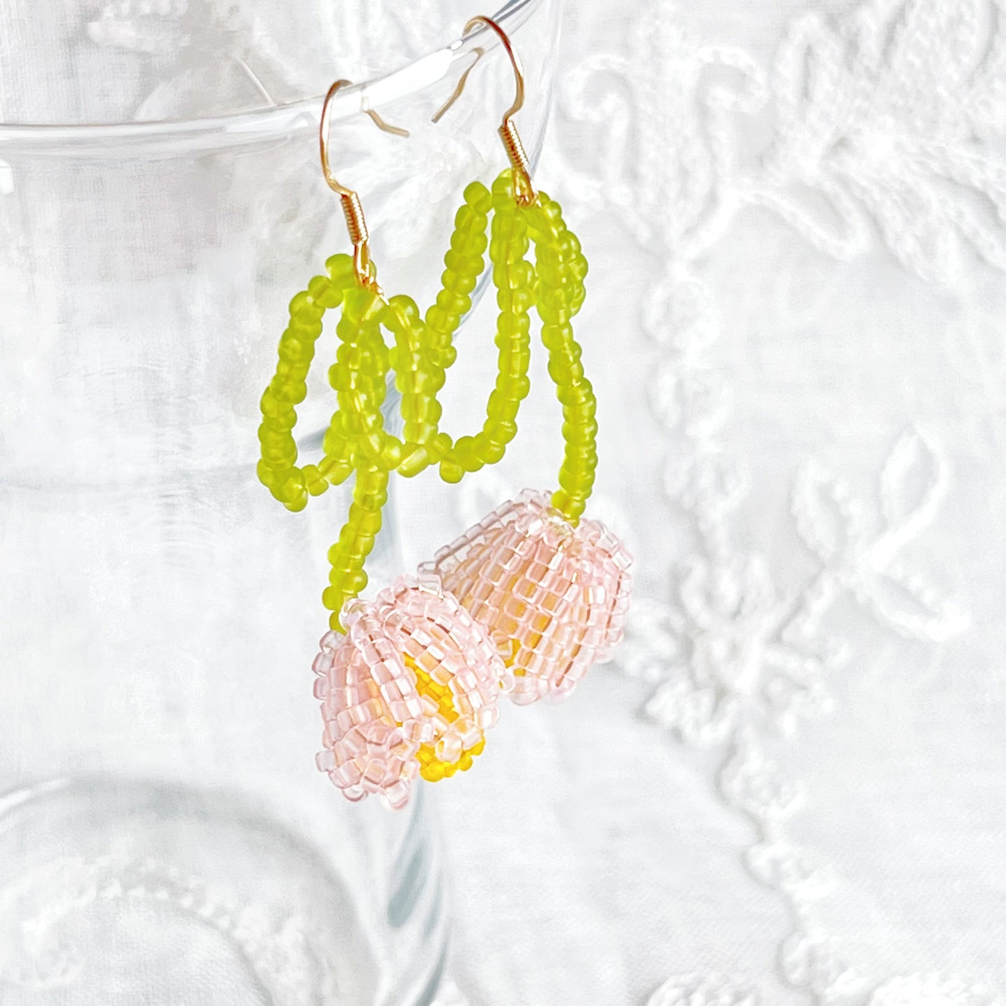 Pink Beaded Tulip Flower Earrings