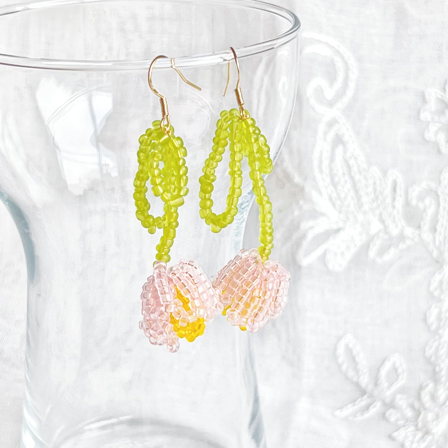Pink Beaded Tulip Flower Earrings