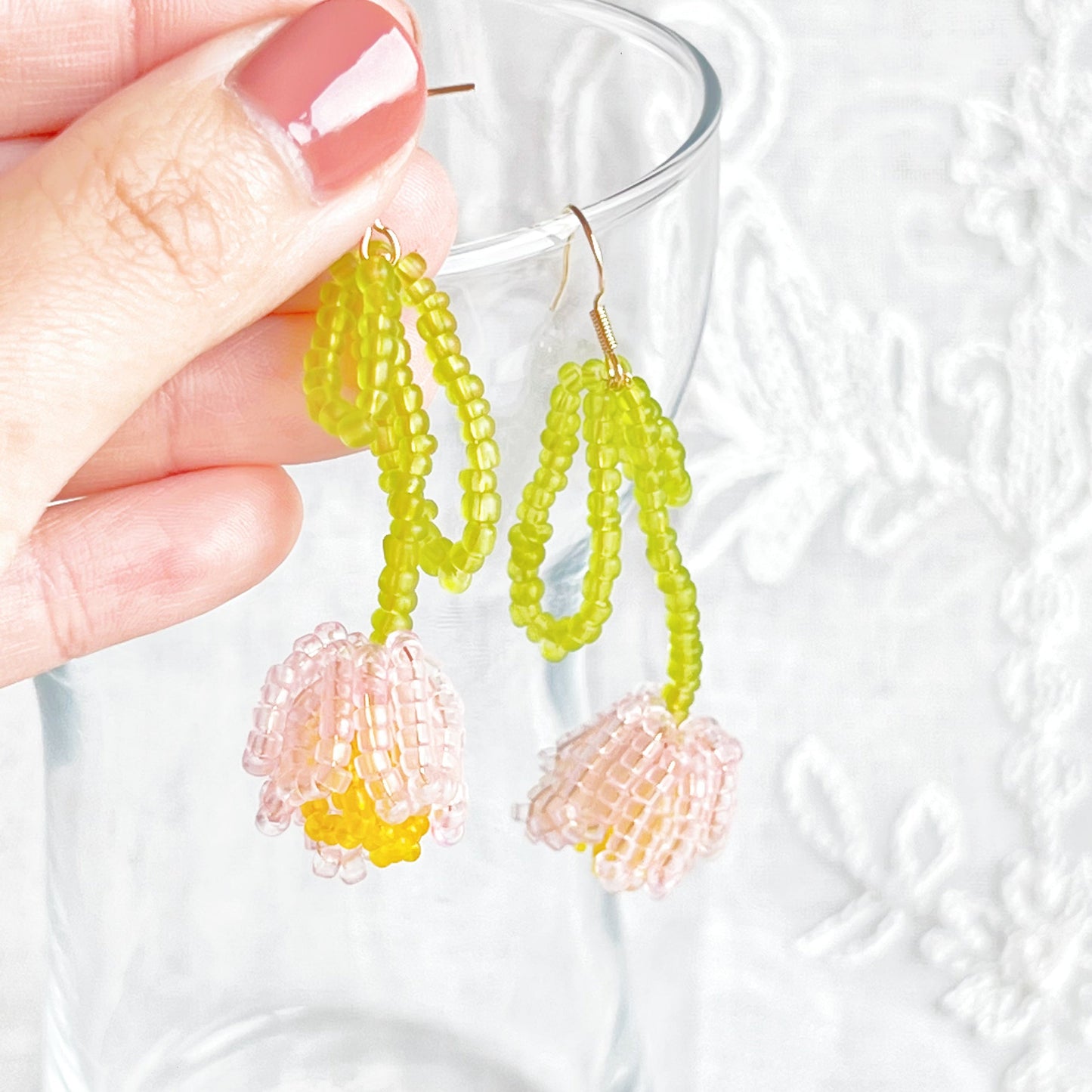 Pink Beaded Tulip Flower Earrings