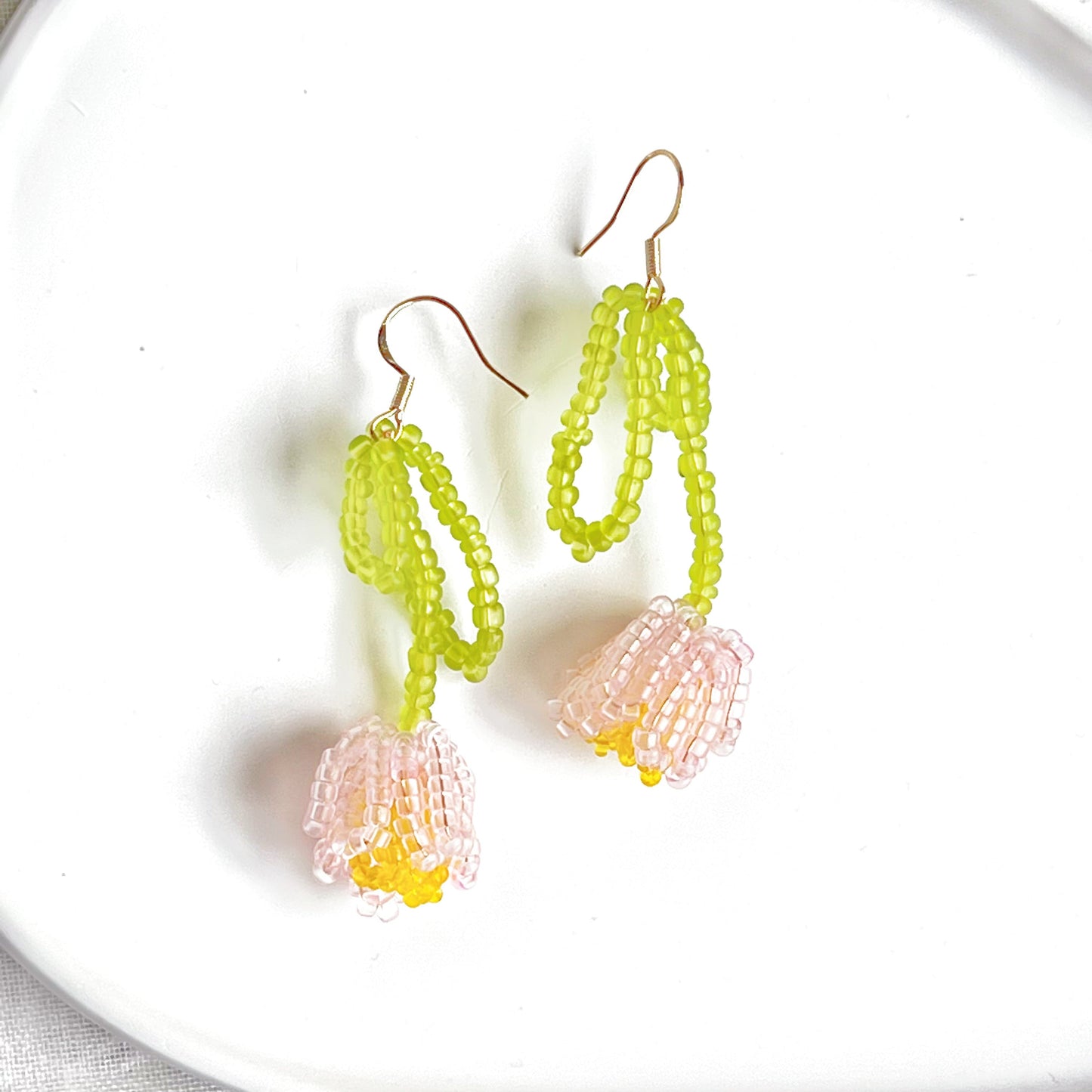 Pink Beaded Tulip Flower Earrings