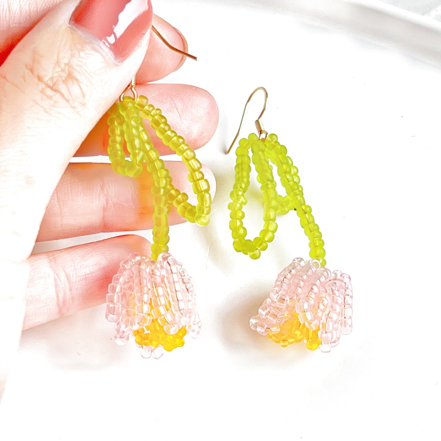 Pink Beaded Tulip Flower Earrings