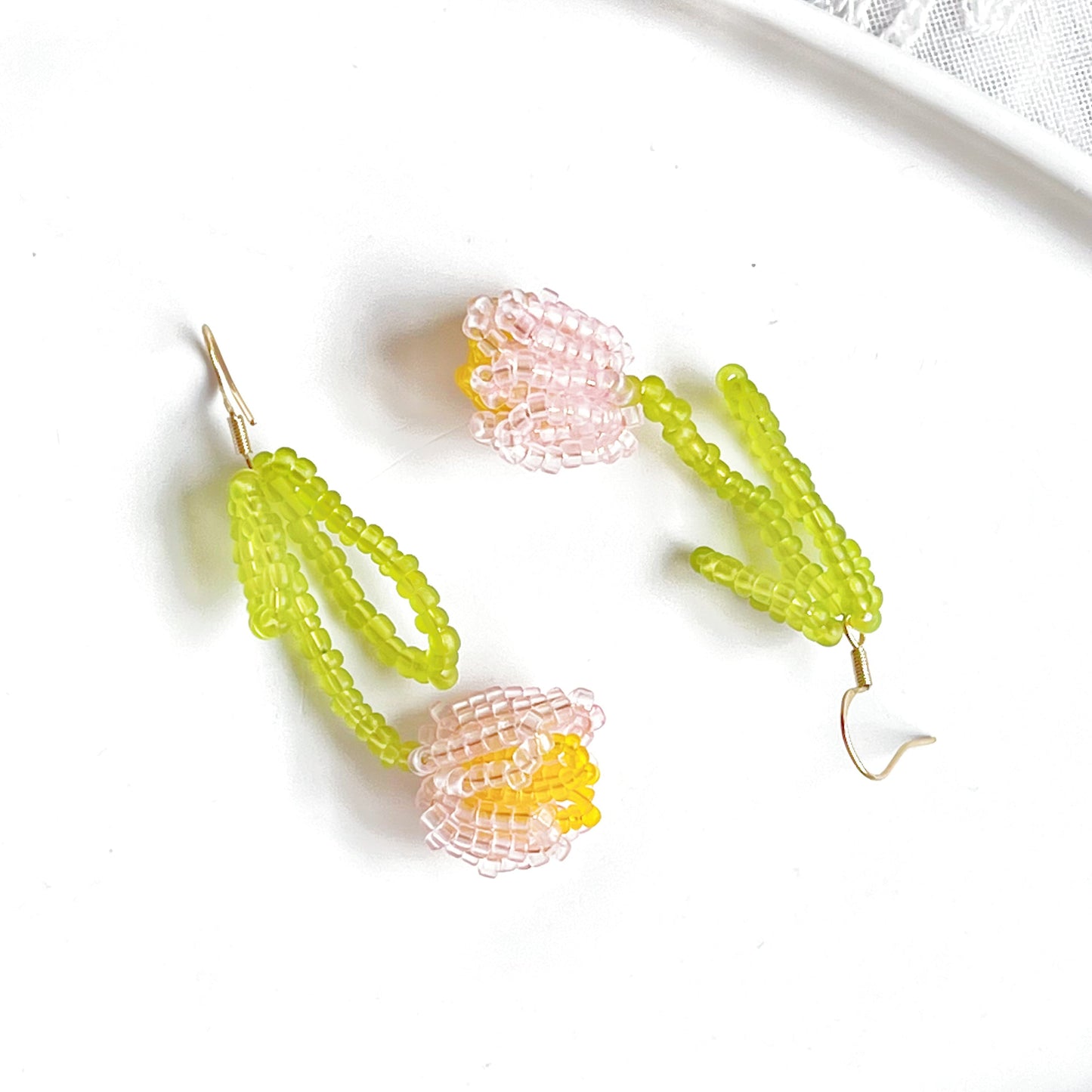 Pink Beaded Tulip Flower Earrings