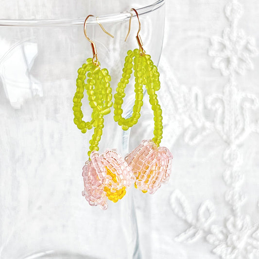Pink Beaded Tulip Flower Earrings